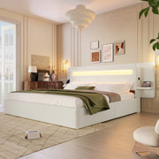 Letto contenitore 180 × 200 cm imbottito con sollevamento idraulico; comodino USB e LED multicolore beige