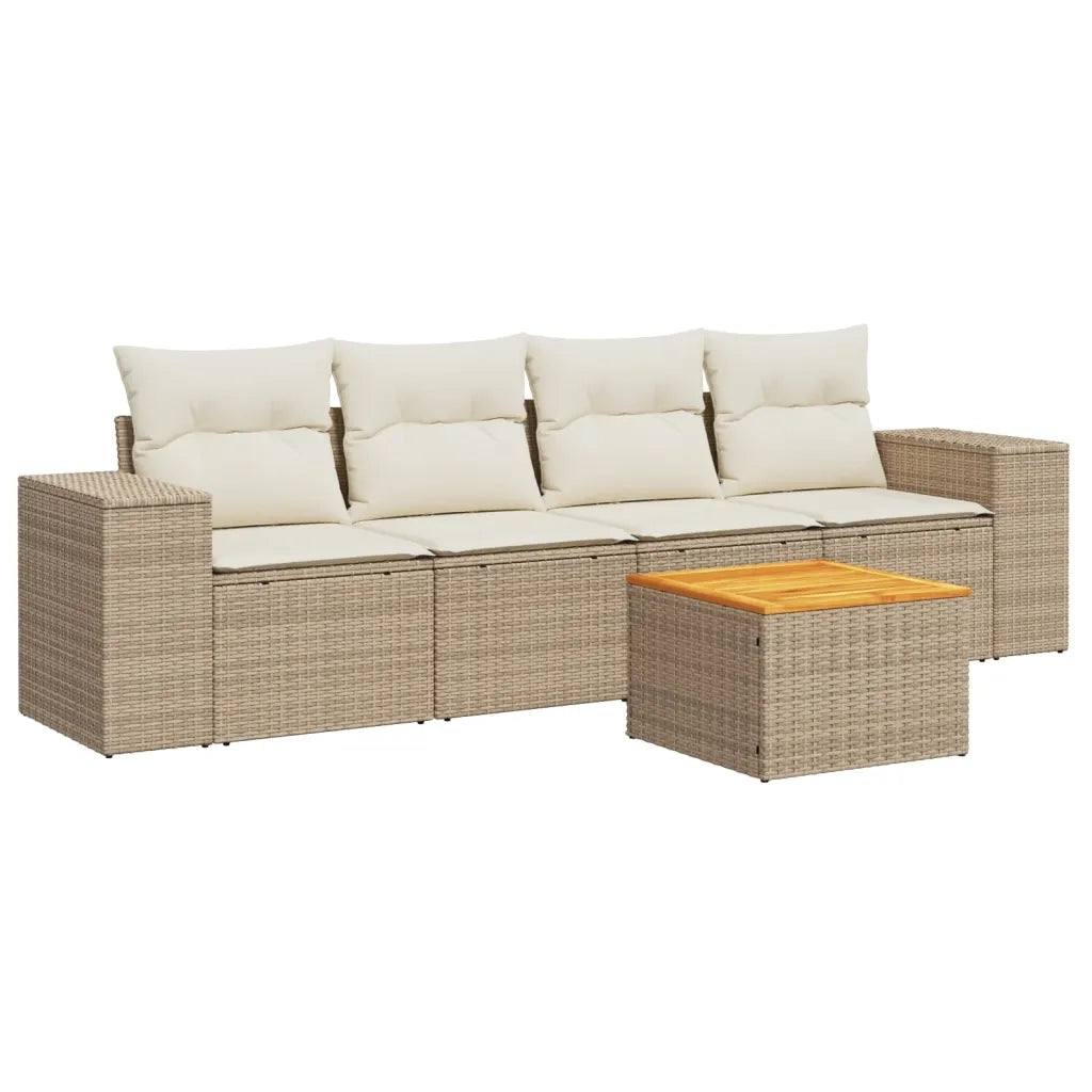 Set Divano da Giardino 5 pz con Cuscini Beige in Polyrattan