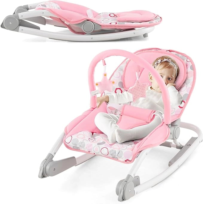 2-in-1 Sdraietta per Bambini, Sdraietta per Neonati Portatile con Schienale Regolabile a 3 Livelli, Sdraietta Pieghevole con Giocattoli, con Cintura di Sicurezza, per Bambini 0-6 Mesi (Rosa)