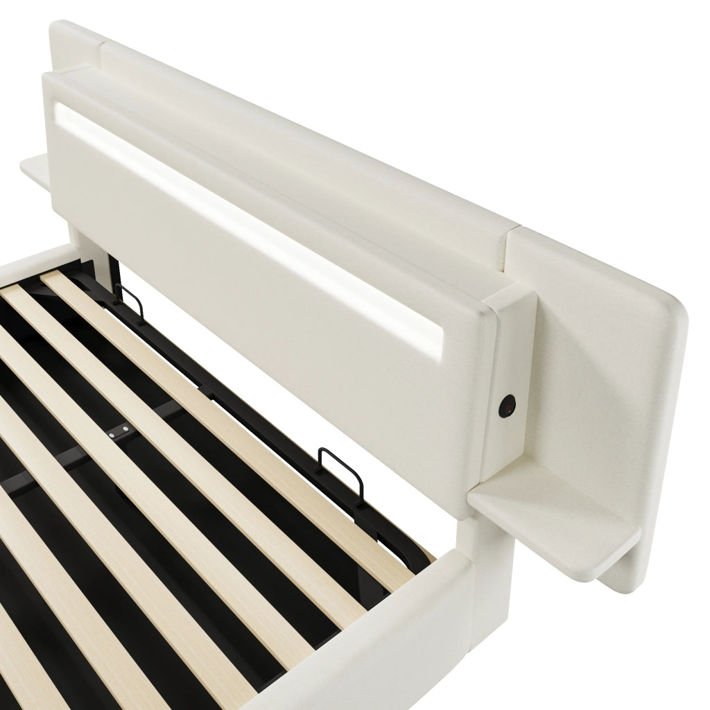 Letto contenitore 180 × 200 cm imbottito con sollevamento idraulico; comodino USB e LED multicolore beige