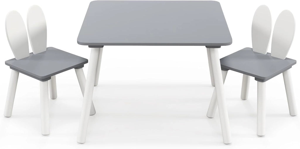 Tavolo Bambini con Sedie, Set Tavolo e Sedie in Legno per Bambini 3-6 anni con Schienale a Forma di Coniglio, Tavolino con Sedie per Giocare, Disegnare e Leggere, Capacità di 40 kg (Grigio)