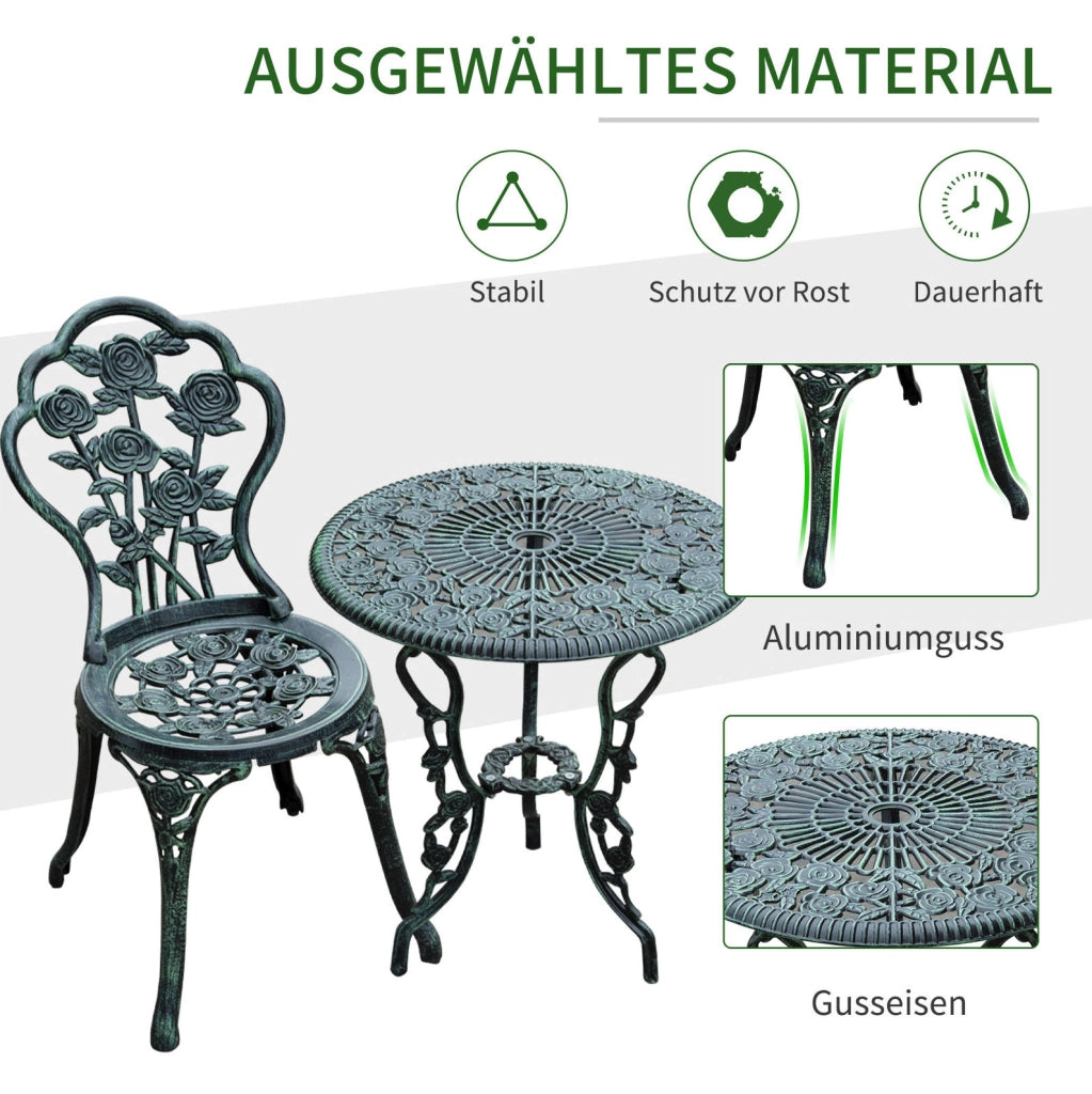 Set da bistro 3 pezzi in alluminio pressofuso verniciato verde antico per balcone e terrazza