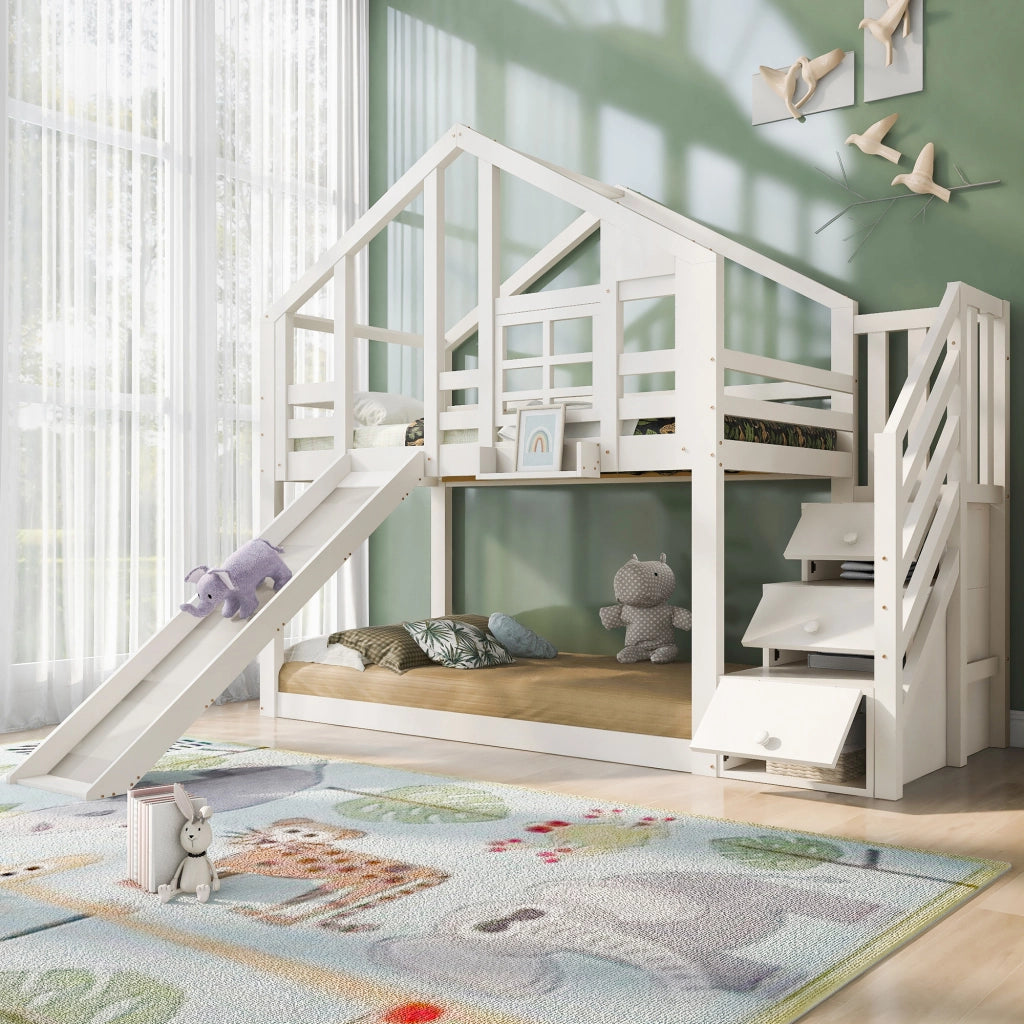 Letto a castello per bambini 90x200 cm con scivolo bianco