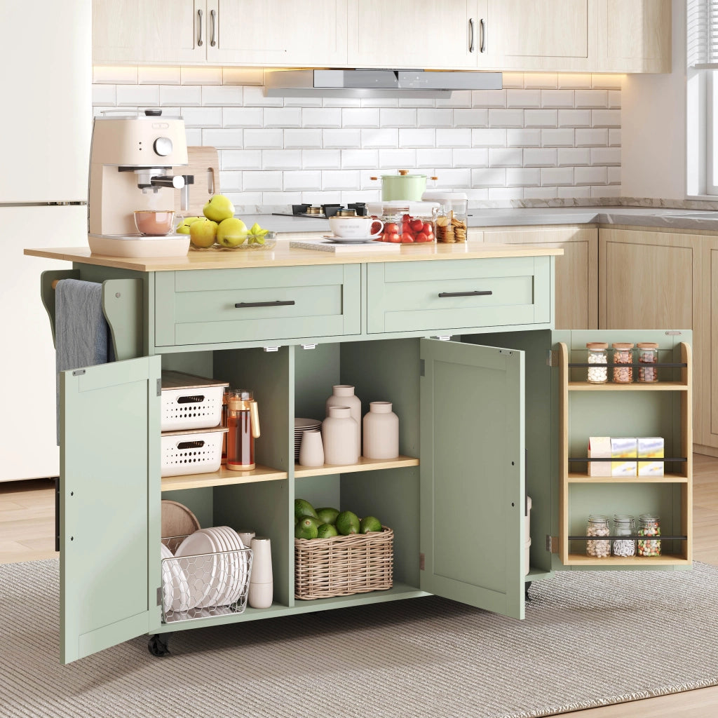Carrello da cucina verde antico 129 cm con piano pieghevole estensibile; isola cucina con ruote; MDF e legno; 2 cassetti