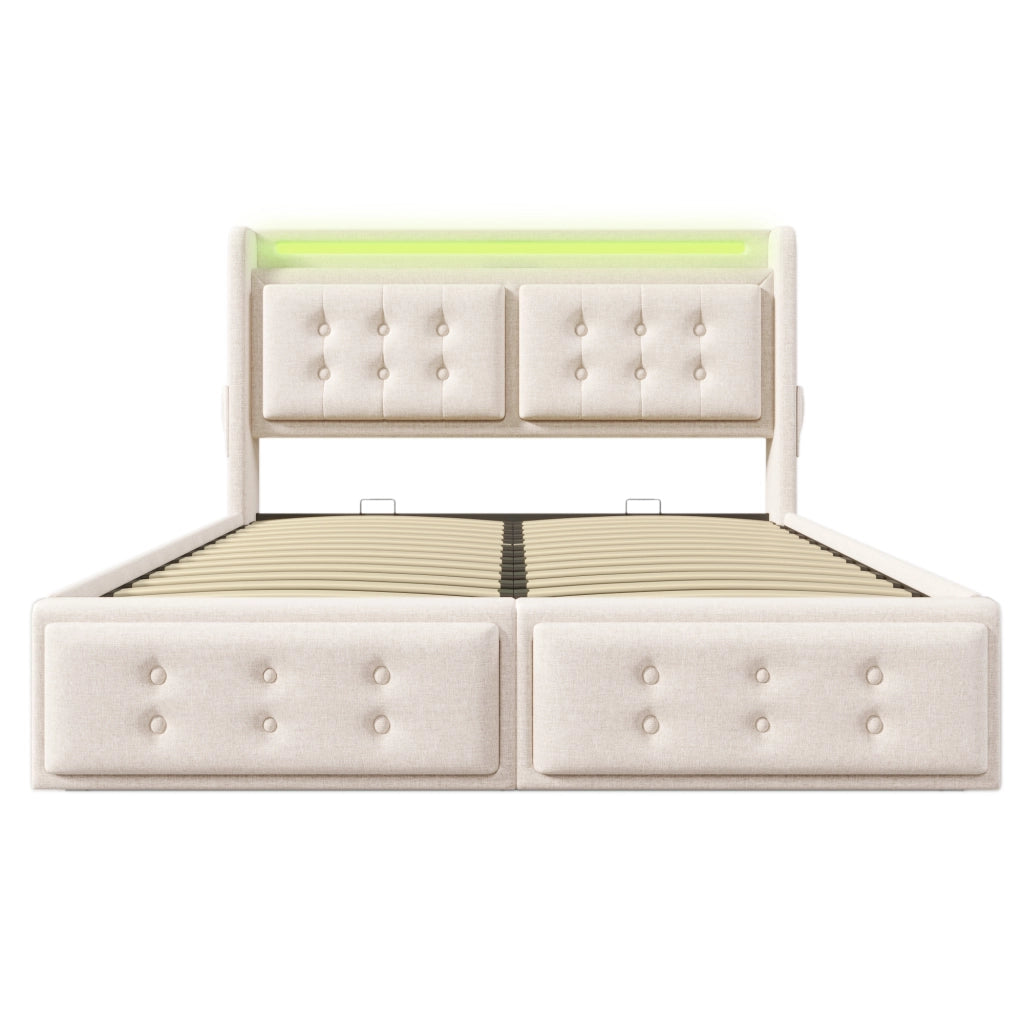 Letto matrimoniale imbottito 140x200 cm beige con contenitore