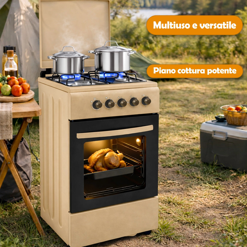 Cucina a Gas Piano Cottura a 4 Fuochi da Esterno Forno Cucinino Beige 86x50cm