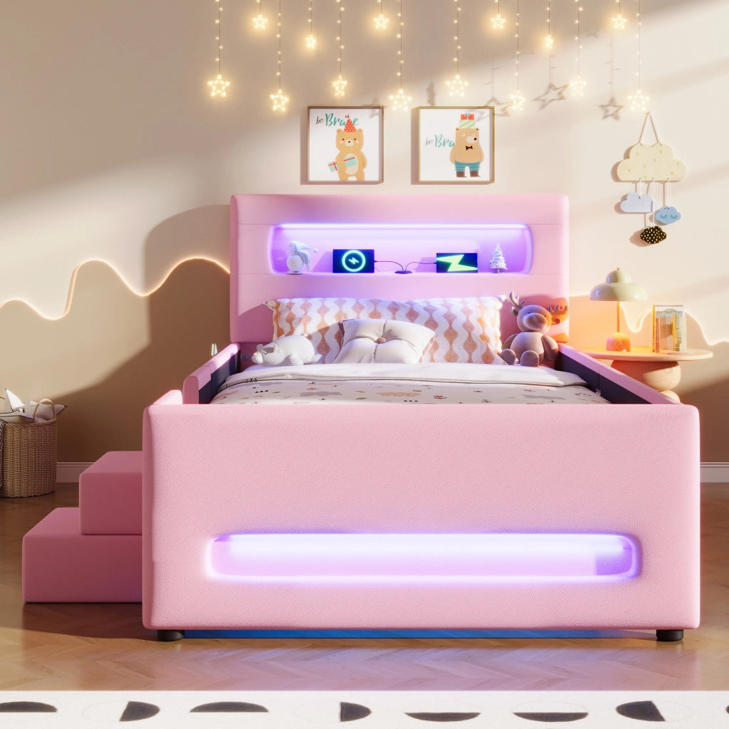 Letto con cassetti 90 × 200 cm imbottito con scala e LED in PU e MDF rosa