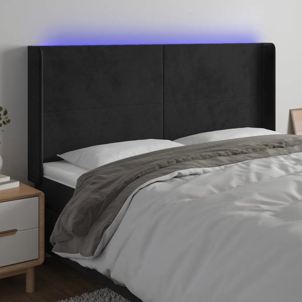 Testiera a LED Nera 203x16x118/128 cm in Velluto 3123836