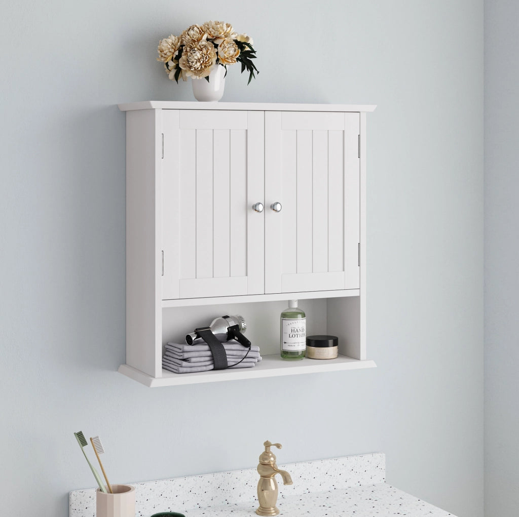Pensile da bagno bianco in MDF con ripiano aperto e ripiani regolabili; 54;6 × 19;8 × 59;9 cm