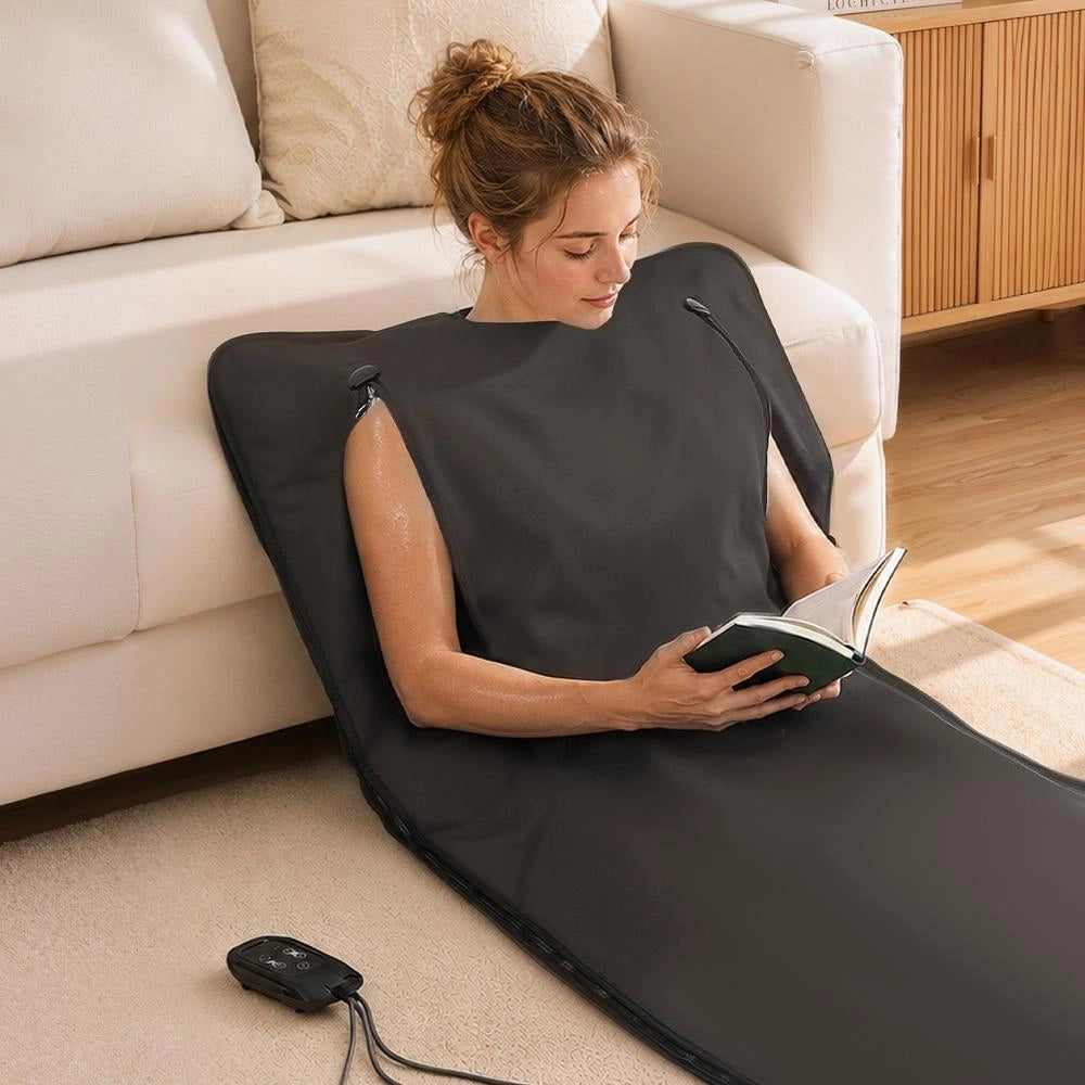 Coperta Sauna Infrarossi Aperture Oxford 180x80cm Portatile Temperatura Timer Riscaldamento Uniforme Borsa Nero