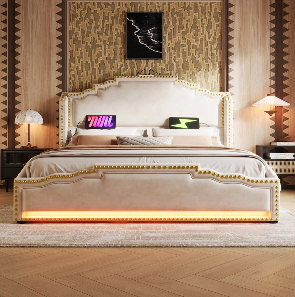 LETTO 160x200 cm in velluto beige con LED e porte USB/Type-C