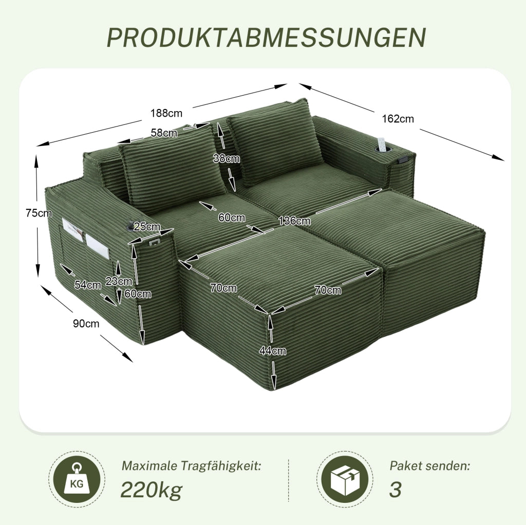 Divano modulare 2 posti con pouf, porta bicchieri e tasche laterali, verde