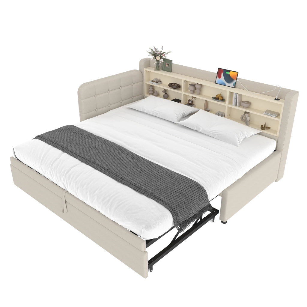 Letto singolo estraibile con USB e Type-C in lino beige con rete a doghe e ripiani integrati