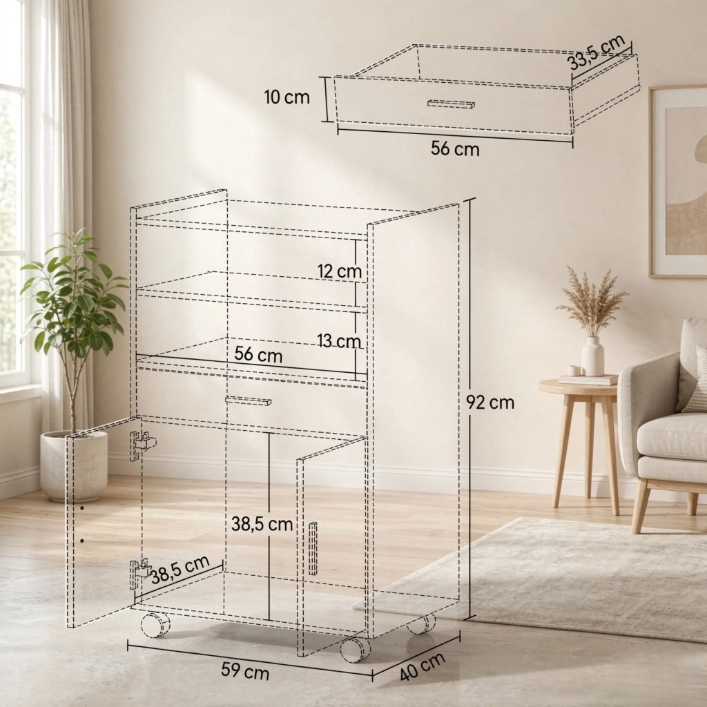 Carrello da cucina a microonde su ruote, mobile con armadio, cassetti e ripiani