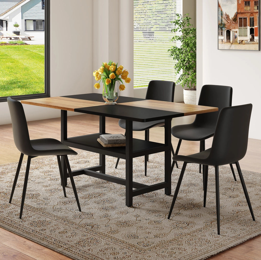 Tavolo da pranzo con 4 sedie 160x90 cm in MDF e metallo nero/marrone, ripiano integrato