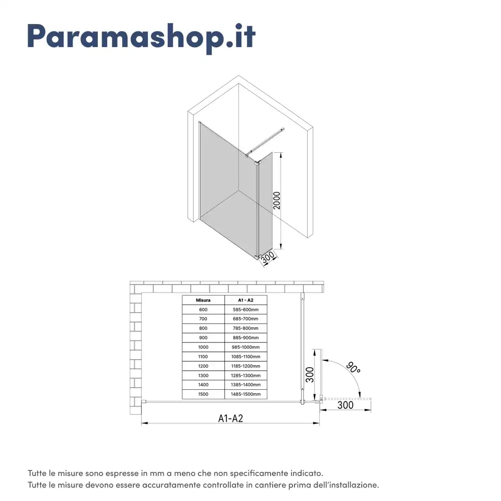 Anta girevole paraspruzzi 30cm vetro trasparente profili neri | Keros