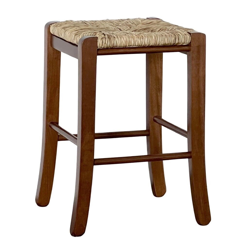 Sgabello in legno noce scuro h 47 cm con seduta quadrata in paglia e gambe curve