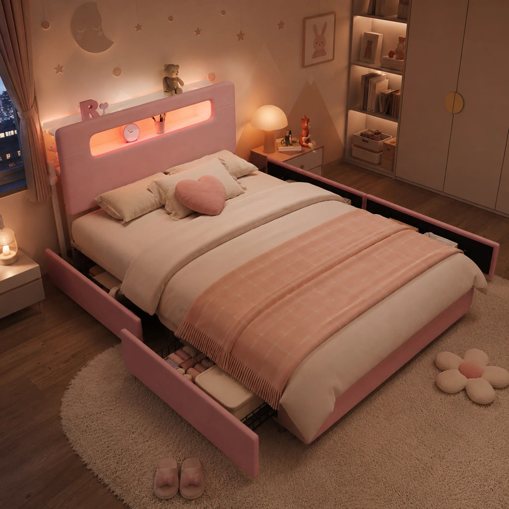 Letto imbottito rosa 140x200 cm con quattro cassetti laterali e LED; velluto