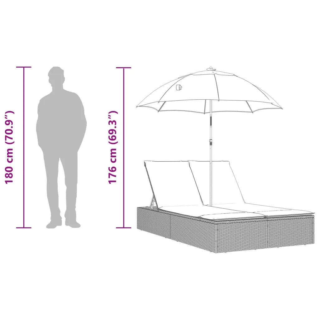 Lettino Prendisole Doppio Cuscini e Parasole Nero in Polyrattan 368081