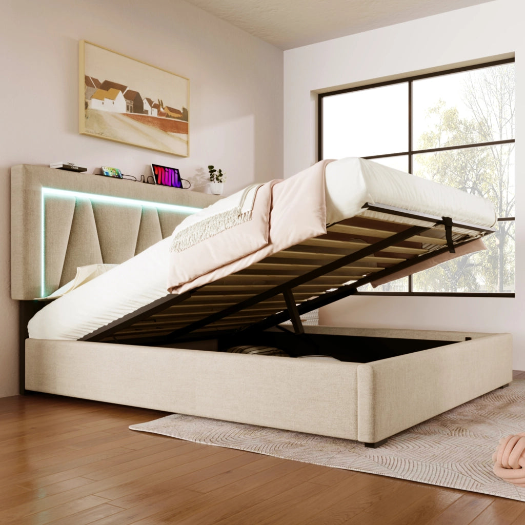 Letto matrimoniale 160x200 imbottito con LED e contenitore; prese USB e Type C; testiera regolabile; in lino grigio/beige per camera da letto