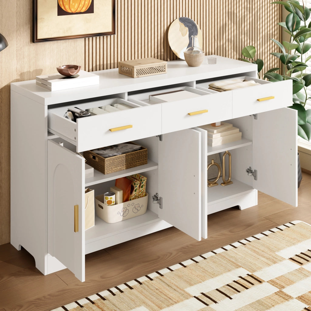 Credenza con cassetti, ripiani regolabili, piano elevabile in MDF bianco