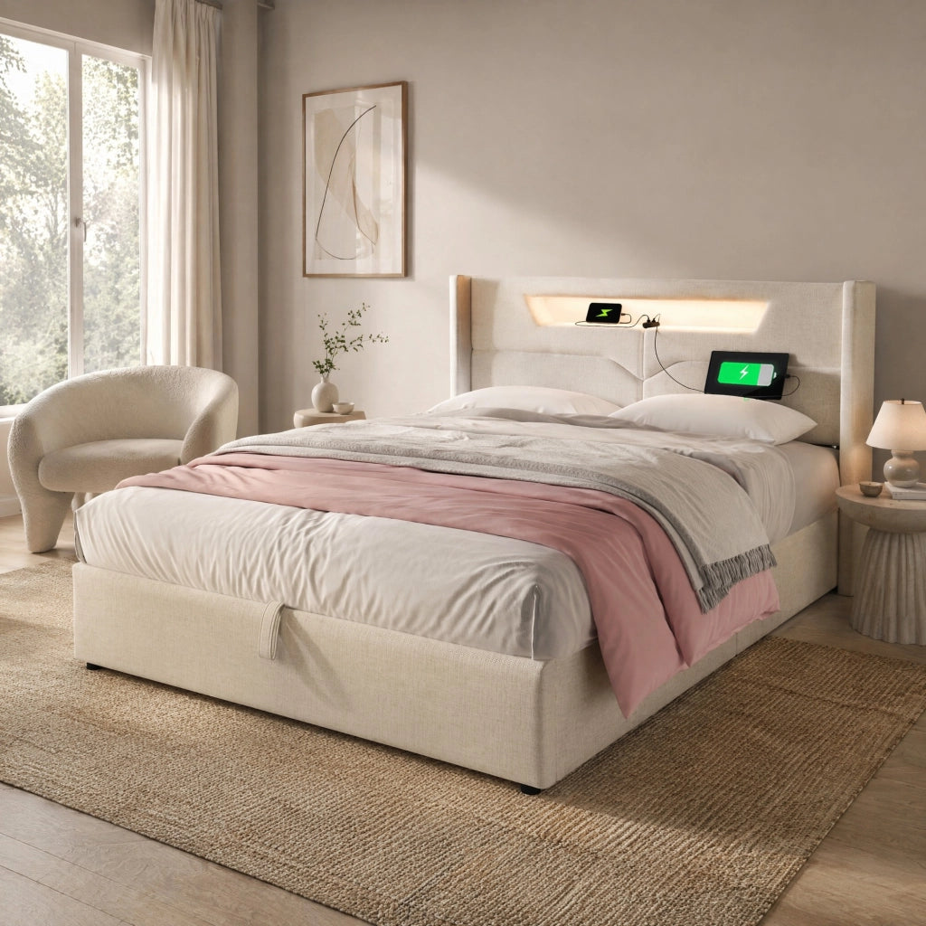 Letto matrimoniale imbottito 140x200 cm in lino beige con LED, USB e Type-C