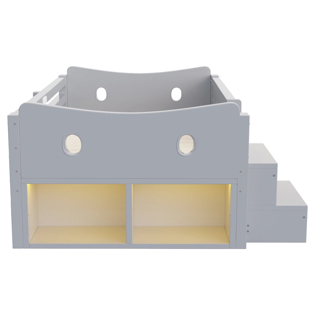 Letto per bambini 90x200 cm con LED; USB e Type-C; 4 cassetti; sponde e scale; legno grigio