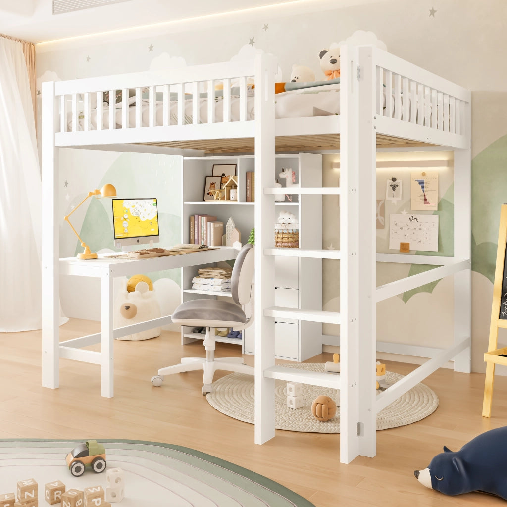 Letto a soppalco 140 ¡Á 200 cm con scaffali; scala con contenitore; LED multicolore; metallo e MDF nero