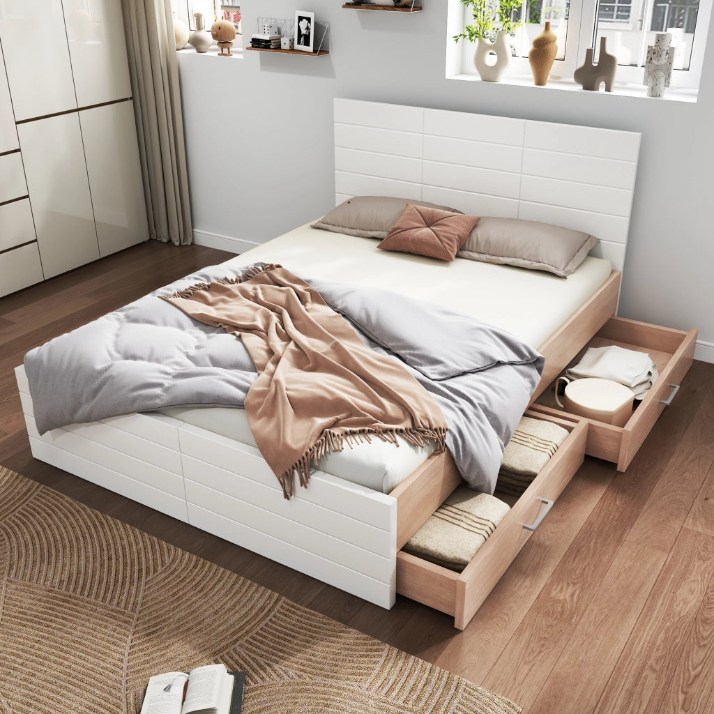 Letto matrimoniale 180x200 con due cassetti bianco e rovere