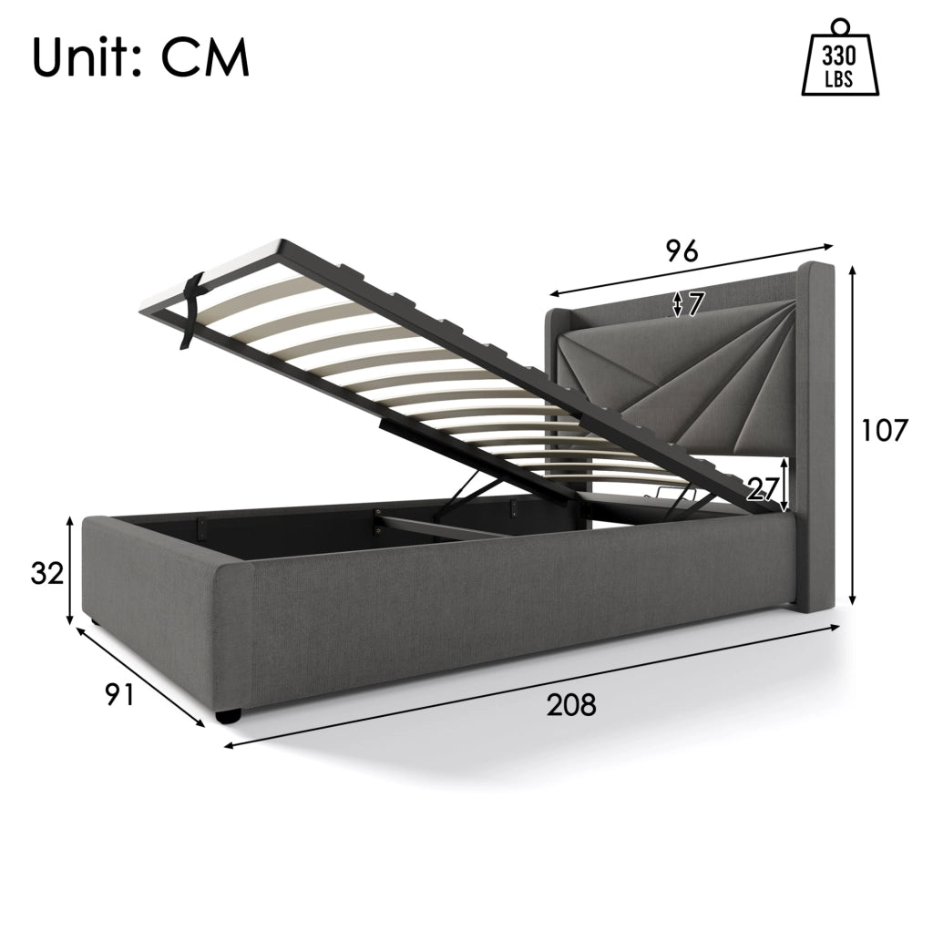 Letto singolo imbottito con contenitore 90x200 cm, USB e Type-C, grigio