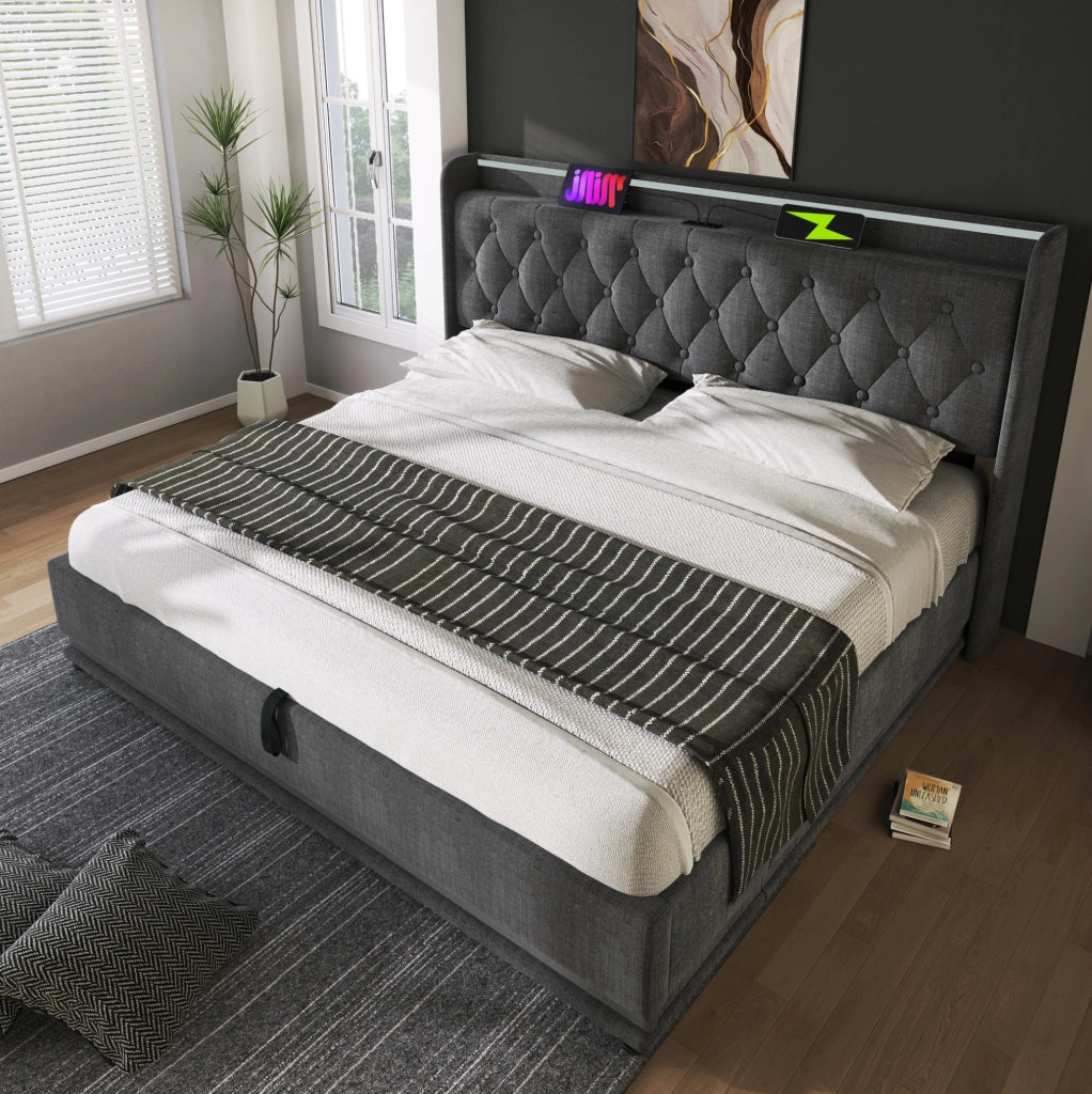 LETTO Contenitore 180x200 cm in lino grigio con LED, USB e Tipo C