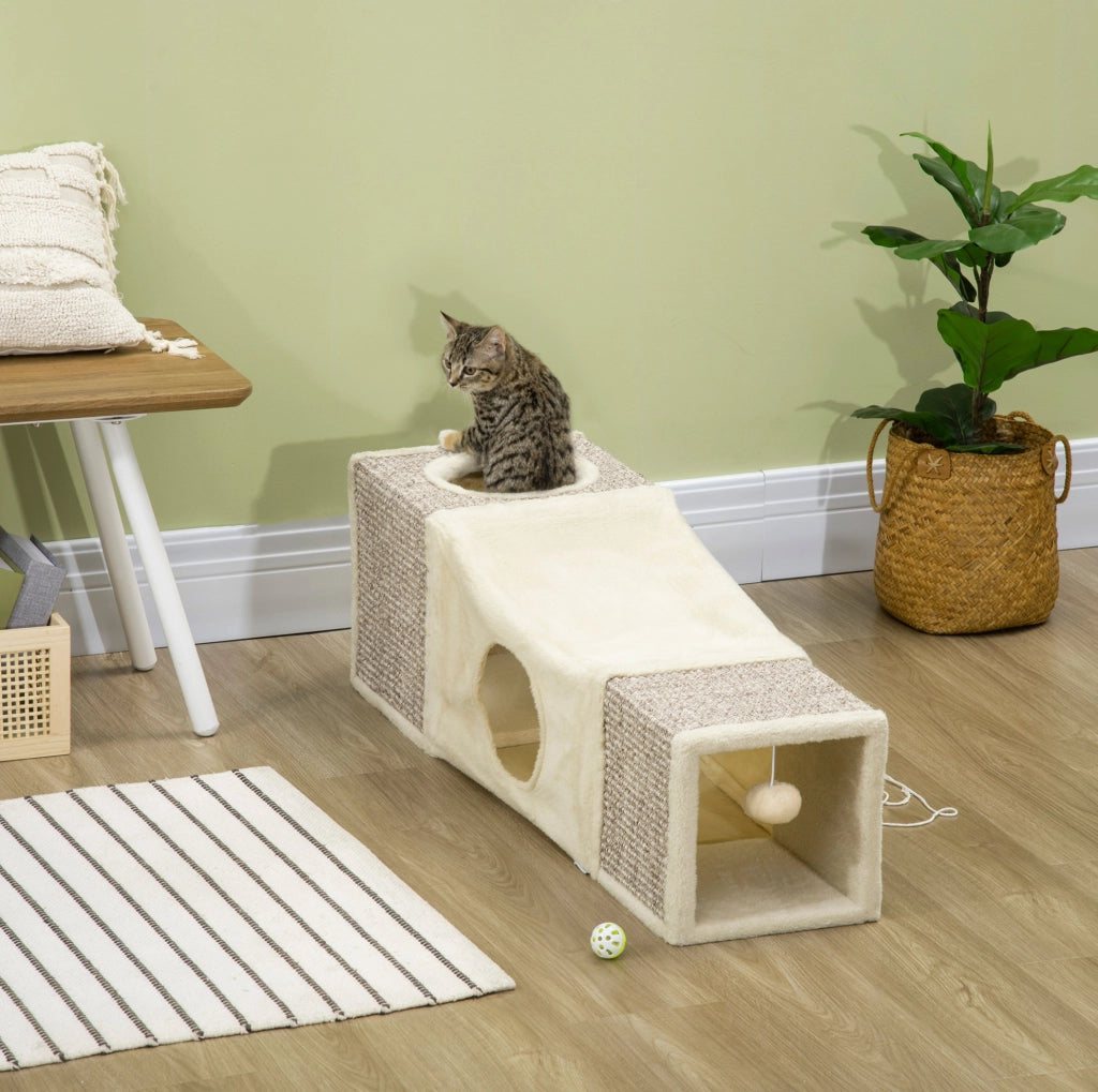 Tunnel per gatti 98x30x30 cm marrone in compensato, con 2 cucce