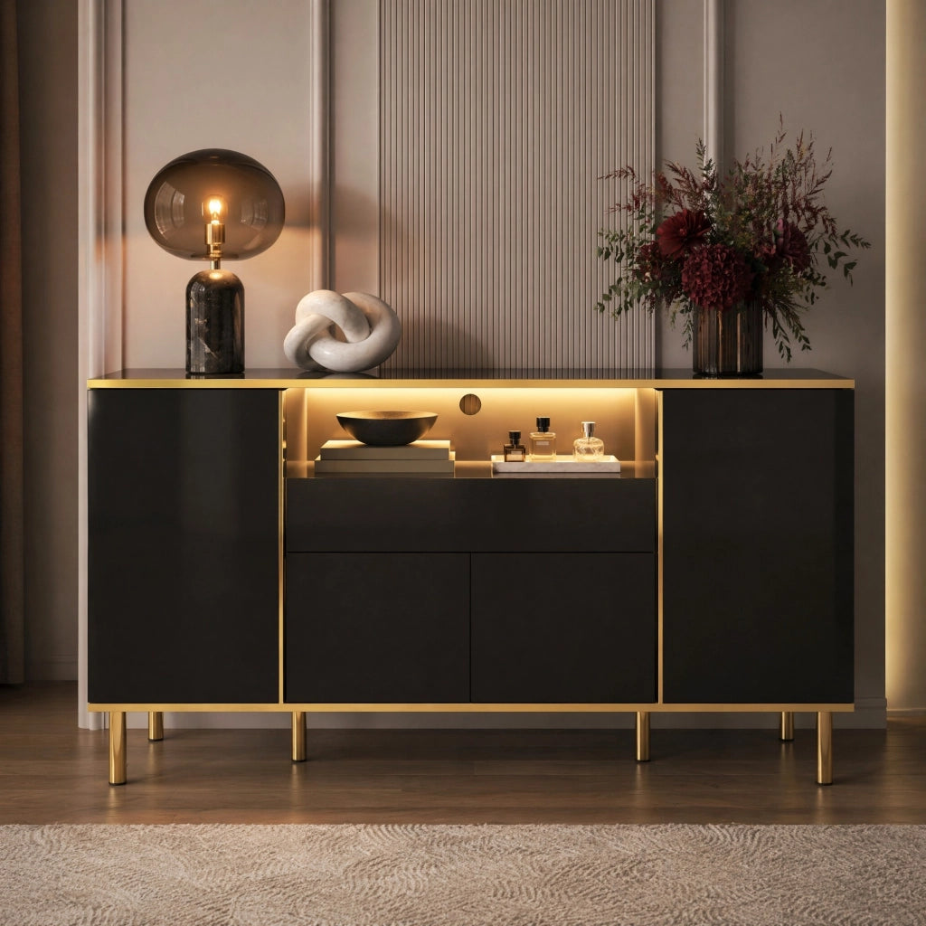 Sideboard nero lucido con LED; 150x40x80 cm; in MDF e truciolare