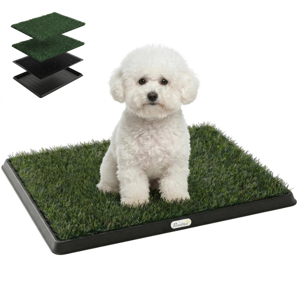 Toilette per Cani con 2 Tappetini in Erba Sintetica e Griglia Drenante, Sistema Lavabile a 3 Strati, 63x50,5x3,5cm, Nero