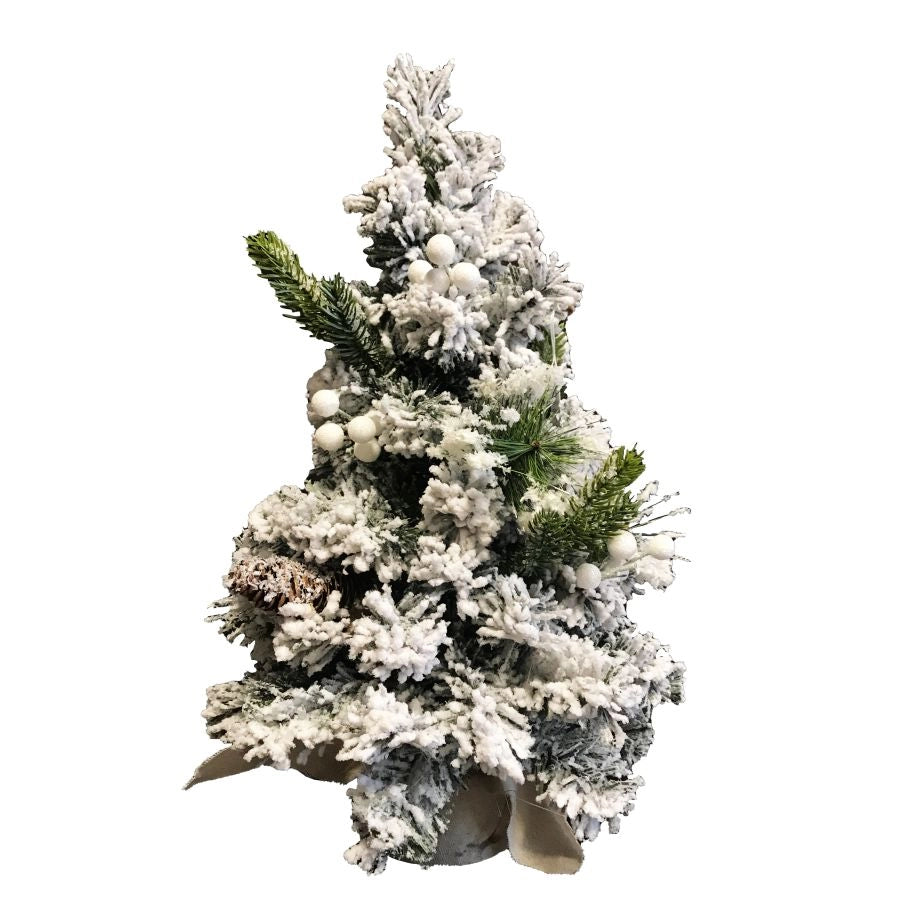 ALBERO DI NATALE INNEVATO CON PIGNE E BACCHE VAL GARDENA 40 CM  CON BASE TESSUTO