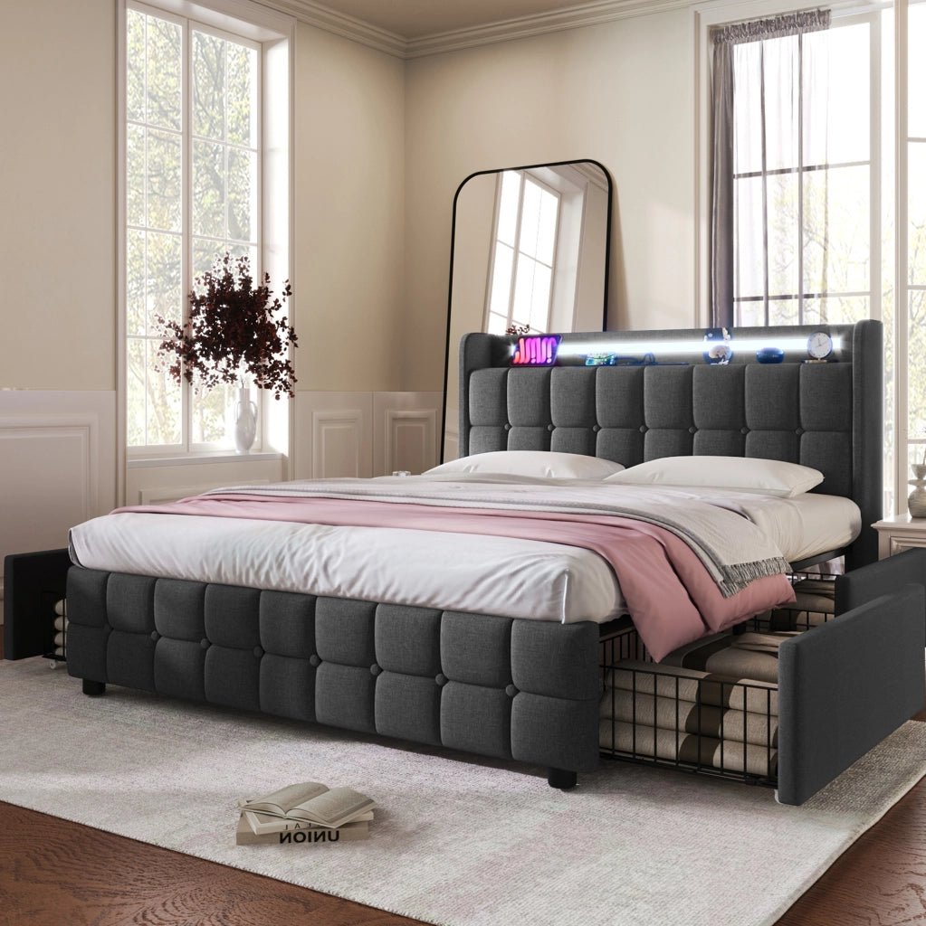 Letto imbottito 160x200 cm con LED; prese e USB; 4 cassetti; grigio