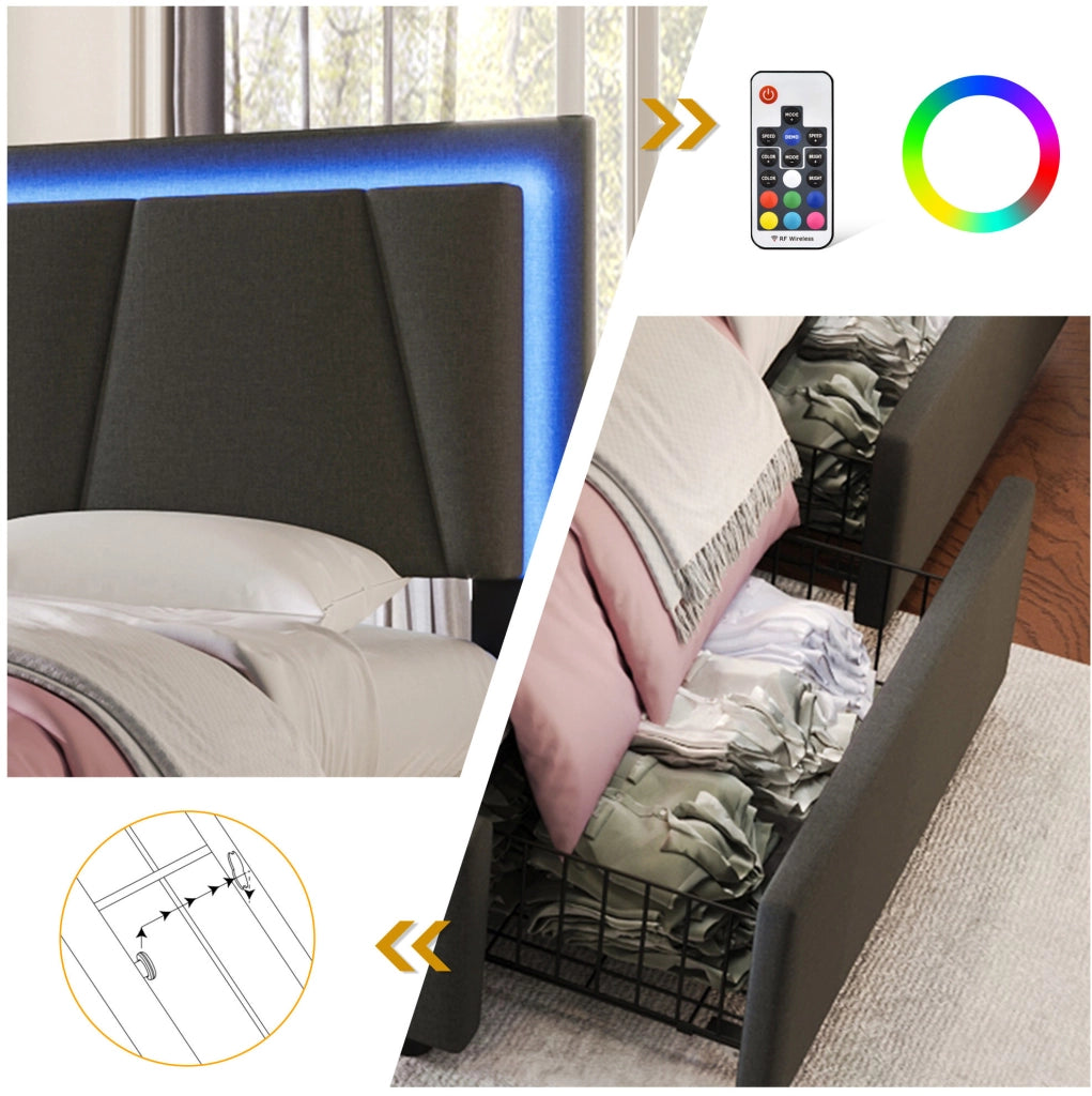 LETTO Singolo 90x200 cm Grigio con LED e 2 cassetti, testiera regolabile