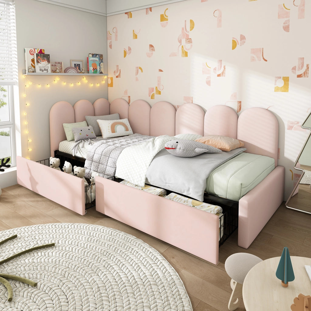 Letto singolo 90x190 cm rosa con due cassetti