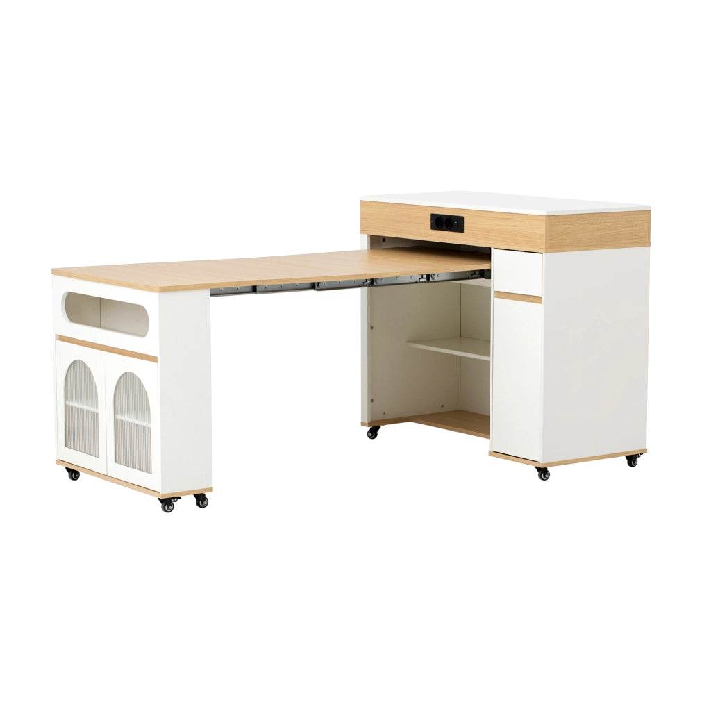 Isola cucina estensibile bianca e naturale con prese integrate