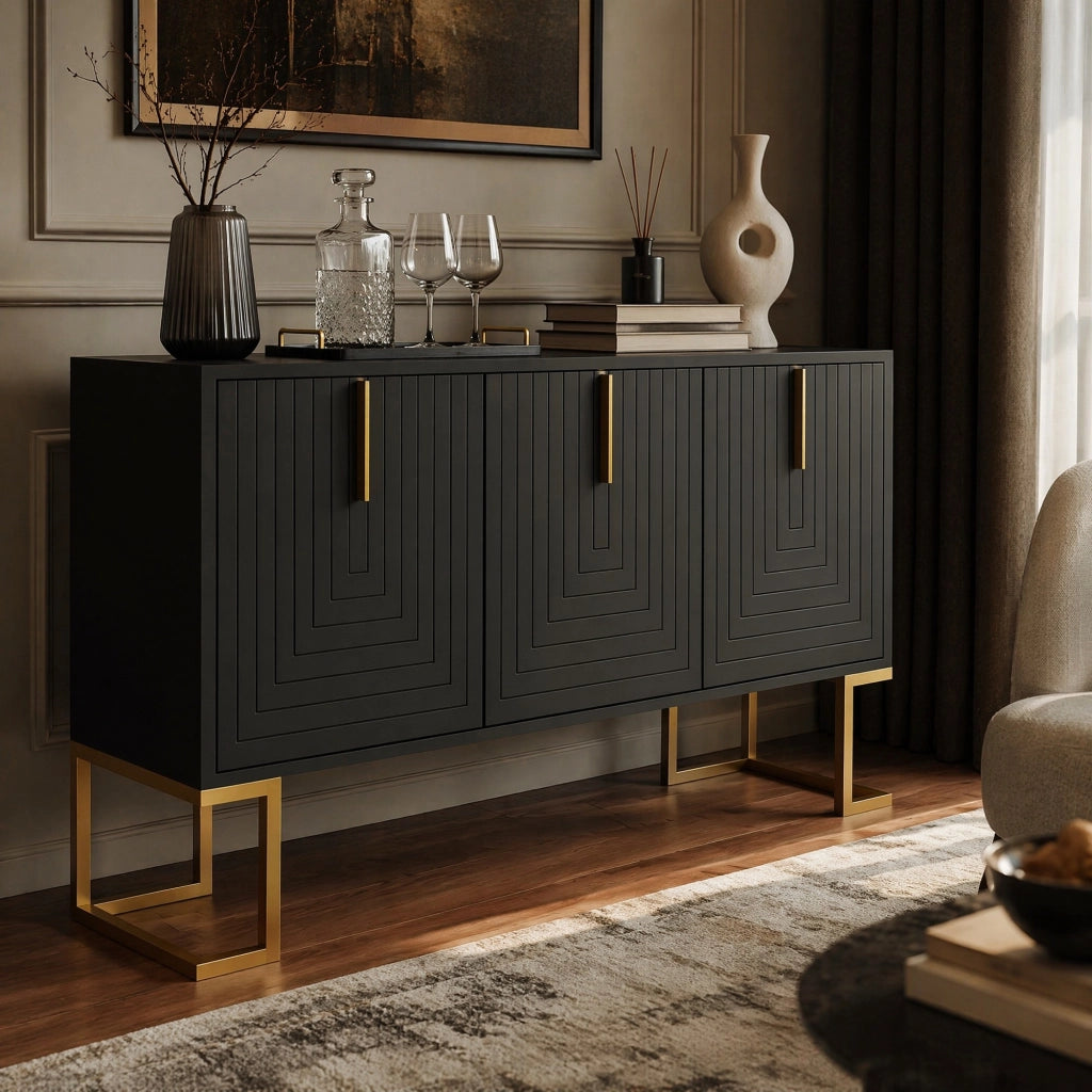 Credenza moderna a 3 ante con ripiani regolabili e base in metallo; MDF nero