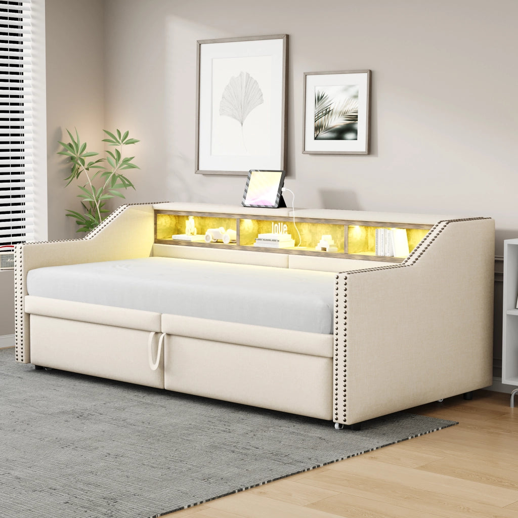 Divano letto imbottito estraibile con rete a doghe e due materassi a molle beige con LED e USB
