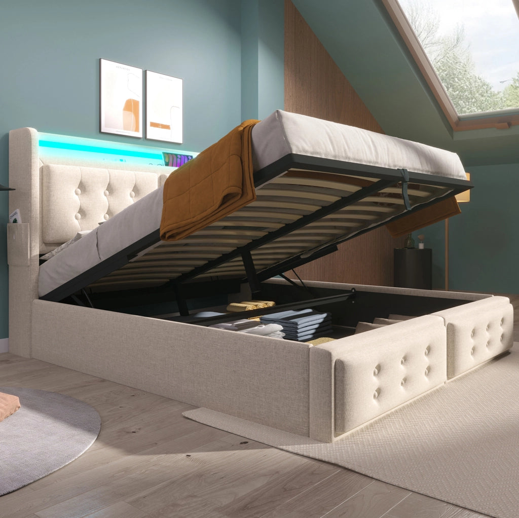 LETTO Contenitore 160x200 cm Beige in Cotone e Metallo con LED e prese USB