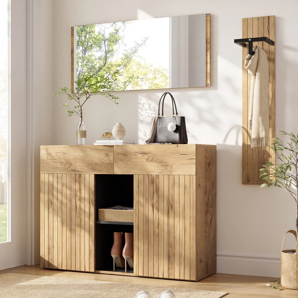 Set ingresso 3 pezzi con scarpiera; appendiabiti e specchio; 125x35x178 cm; MDF e truciolare