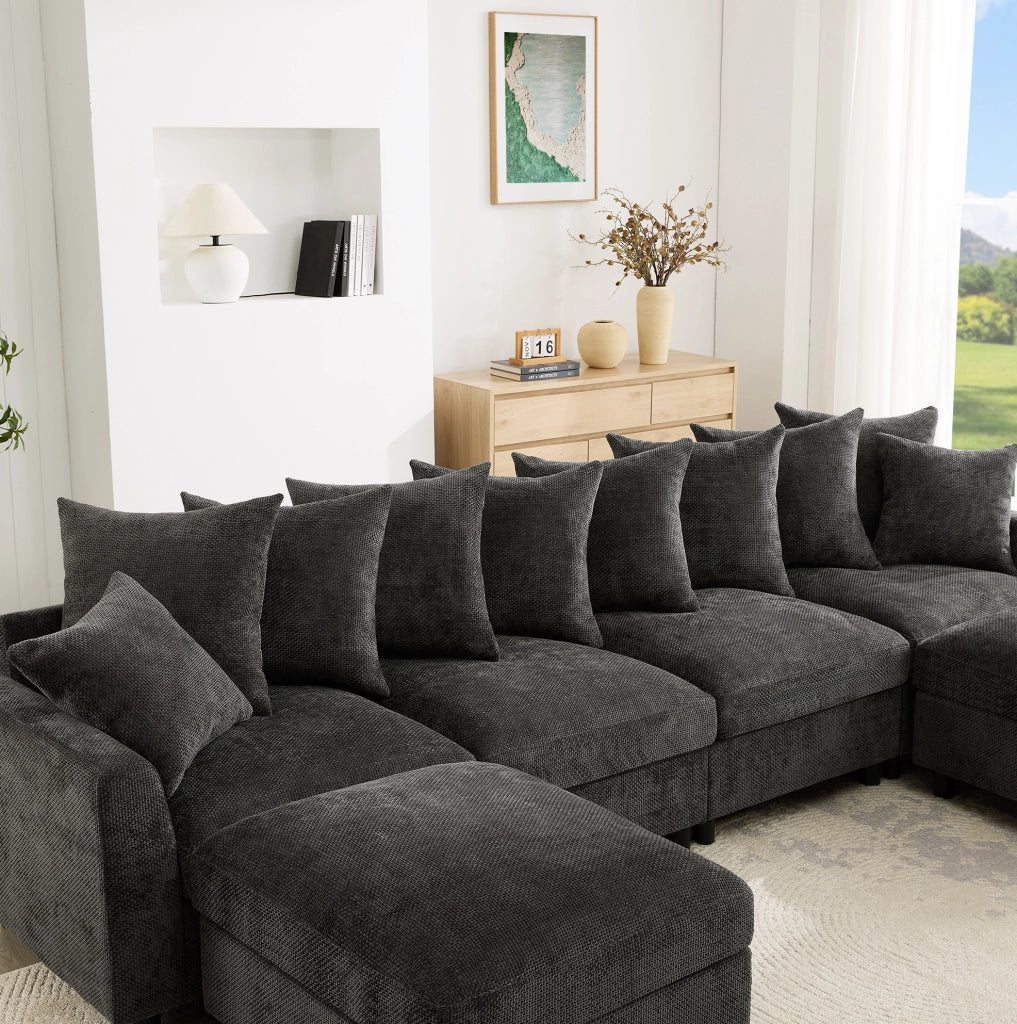 Divano modulare ULEVR 6 posti a U o L con 2 pouf, USB e Type-C, cuscini regolabili, chenille grigio