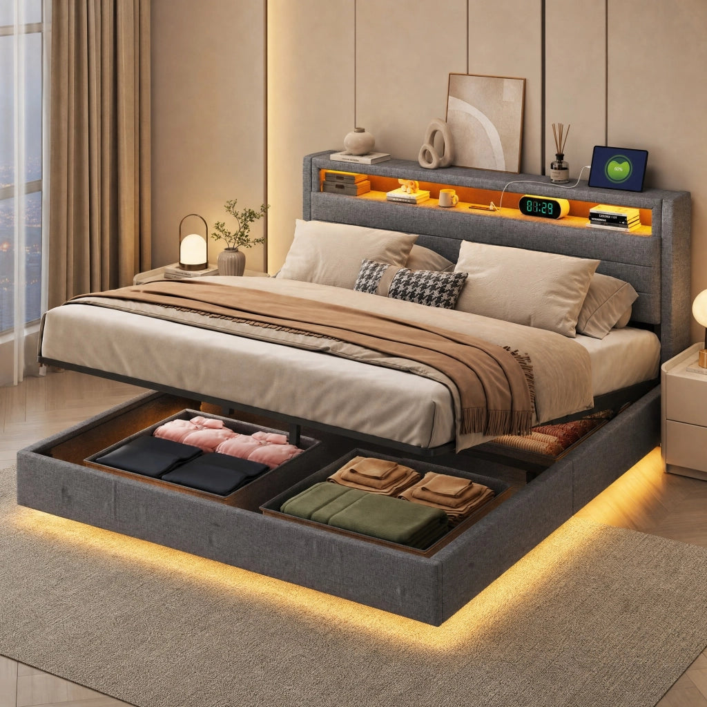 Letto imbottito 160x200 cm con contenitore, USB e LED