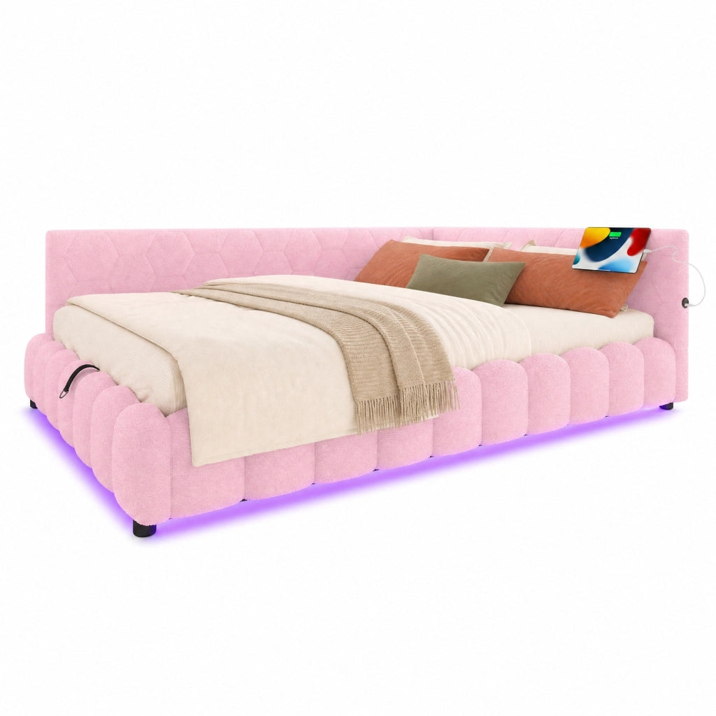 Letto daybed 140x200 cm con contenitore, LED, USB e Type-C, rosa