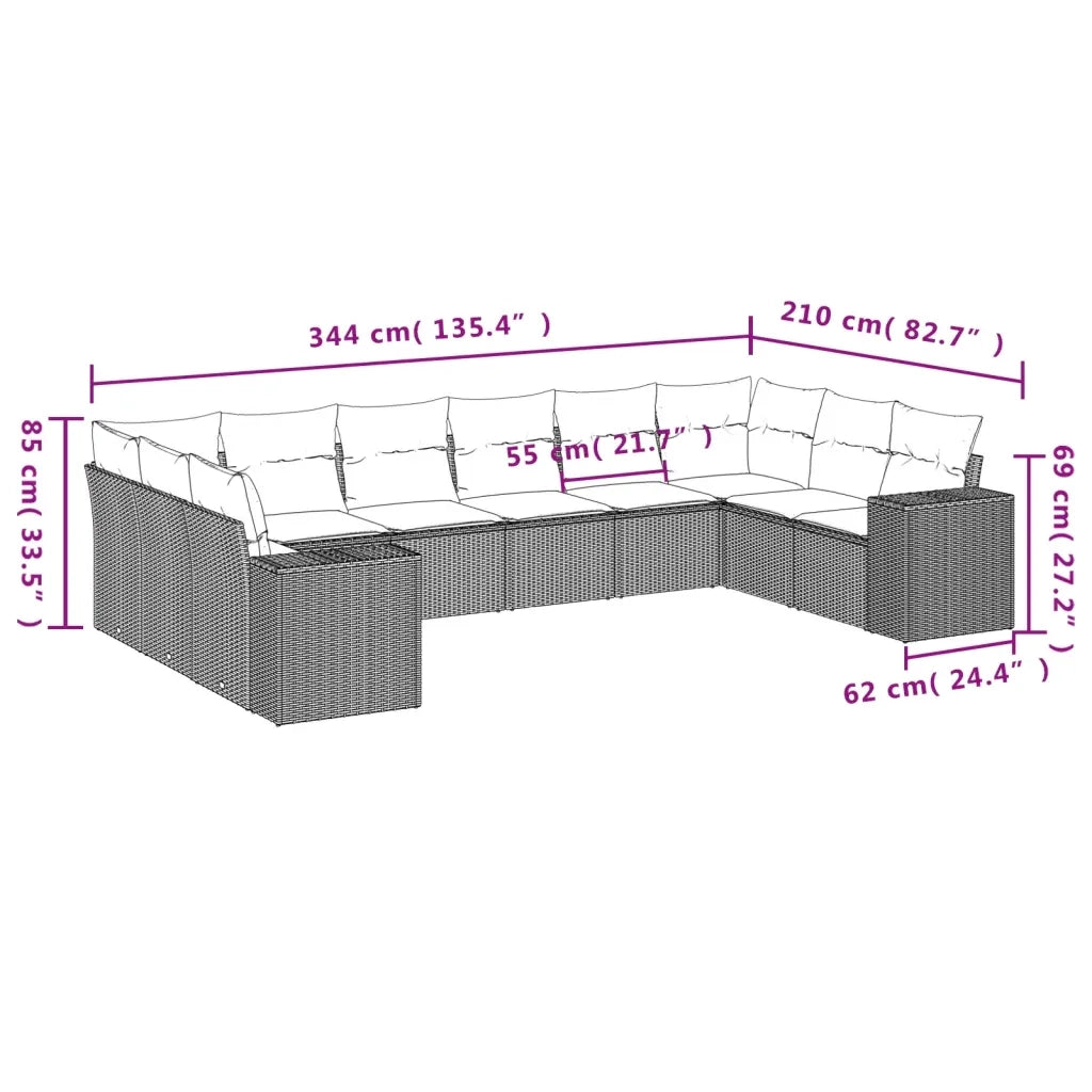 Set Divano da Giardino 10 pz con Cuscini Grigio in Polyrattan 3223069