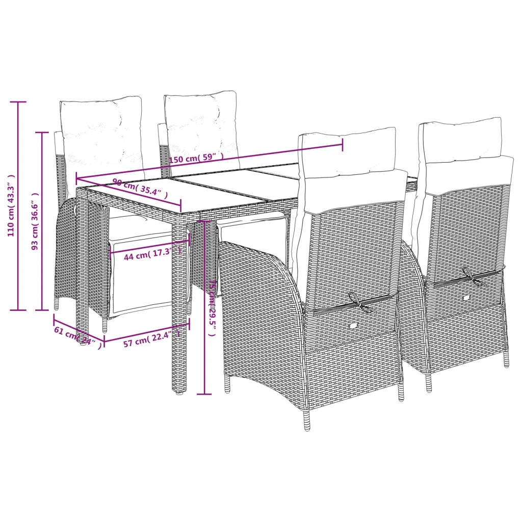 Set da Pranzo da Giardino 5 pz Nero con Cuscini in Polyrattan 3213322