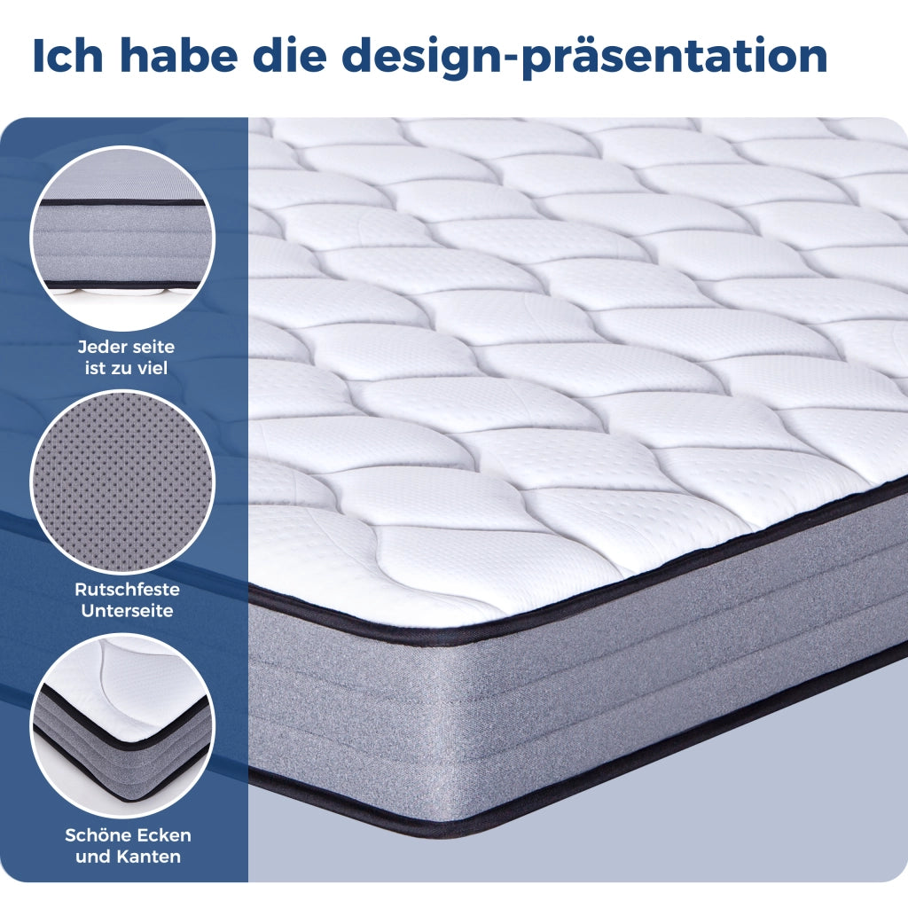 Materasso a molle insacchettate a 7 zone con memory foam; altezza circa 20 cm; bianco e grigio