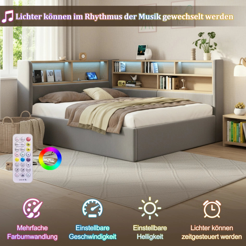 Letto per bambini con contenitore idraulico in velluto grigio con LED USB e porta type-c